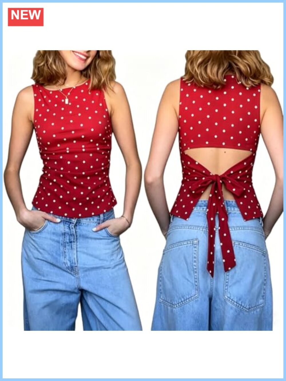 Polka Dot Tank Top Boat Neck Bow Tie Slim Fitted Going Out Top